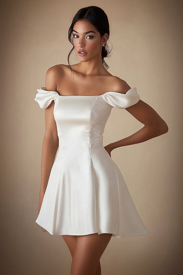 A-Line Off the Shoulder Laced Satin Little White Graduation Dress